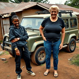 In a rundown backyard of an African village, an intriguing scene unfolds next to a rugged SUV