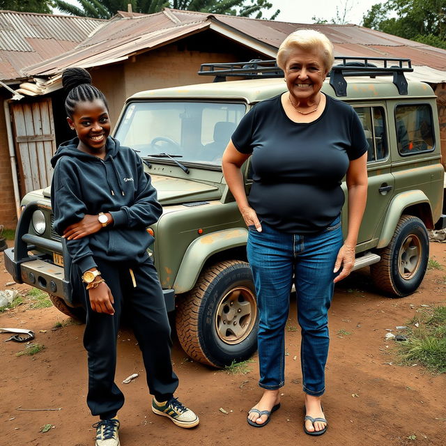 In a rundown backyard of an African village, an intriguing scene unfolds next to a rugged SUV