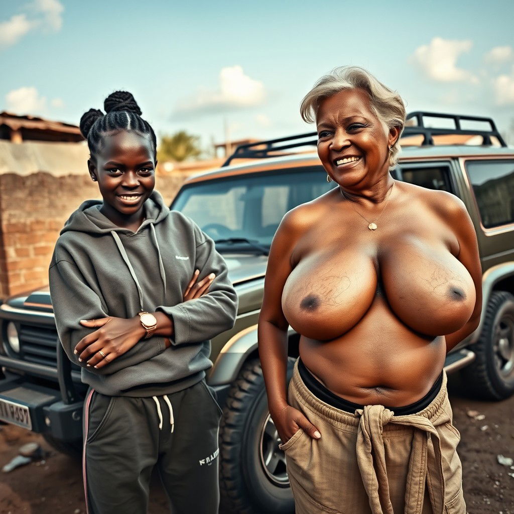 In a rundown backyard of an African village, a captivating scene unfolds next to a rugged SUV