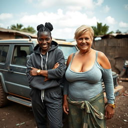 In a rundown backyard of an African village, a captivating scene unfolds next to a rugged SUV