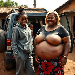 A vivid scene beside an SUV in a humble backyard of an African village