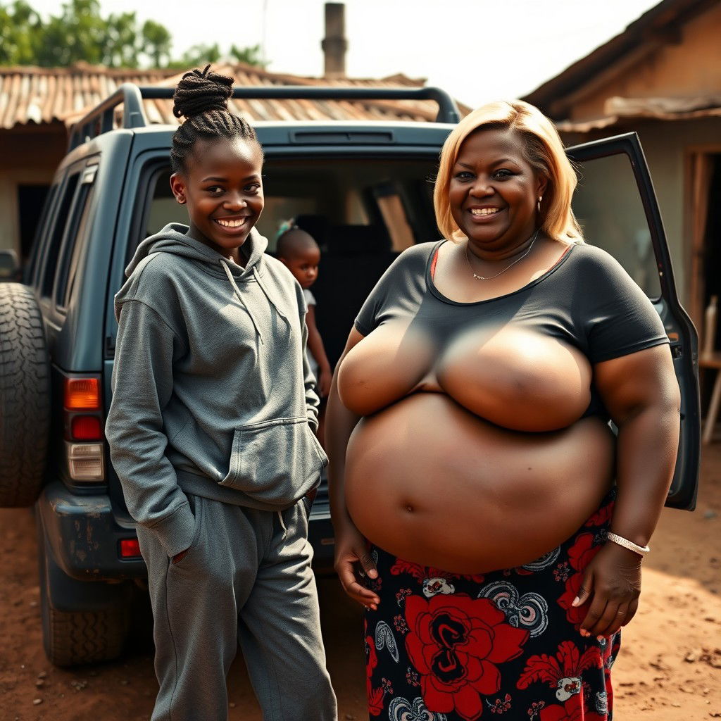 A vivid scene beside an SUV in a humble backyard of an African village