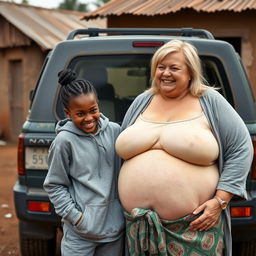 A vivid scene beside an SUV in a humble backyard of an African village
