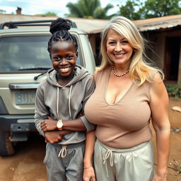 Next to an SUV in a poor yard of an African village, a young African woman with very dark skin, appearing malnourished and 25 years old, is standing