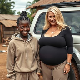 Next to an SUV in a poor yard of an African village, a young African woman with very dark skin, appearing malnourished and 25 years old, is standing