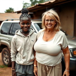 Next to an SUV in a poor yard of an African village, a young African woman with very dark skin, appearing malnourished and 25 years old, is standing