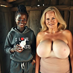 Inside a poor cabin in an African village, a very dark-skinned, malnourished 25-year-old African woman stands holding a baby bottle