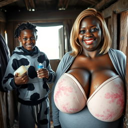 Inside a modest cabin in an African village, a young 25-year-old Black African woman with very dark skin and a malnourished appearance stands holding a baby bottle