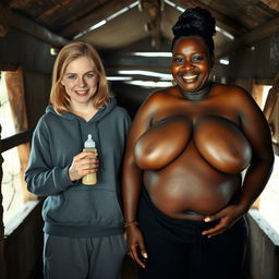 Inside a poor cabin in an African village, a malevolent 19-year-old blonde woman with blue eyes, short stature, and medium-length blonde hair holds a baby bottle