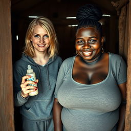 Inside a poor cabin in an African village, a malevolent 19-year-old blonde woman with blue eyes, short stature, and medium-length blonde hair holds a baby bottle