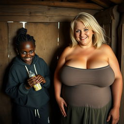 Inside a poor cabin in an African village, a sinister young African woman, 19 years old, with very dark skin, short stature, and styled in braided hair held in a bun, holds a baby bottle