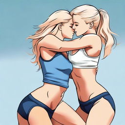 This is a high-resolution digital art image showcasing a dynamic scene of a beautiful blonde woman giving a firm bearhug to a brunette woman