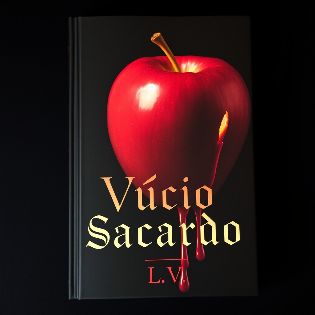 A dark book cover featuring a rich, juicy red apple that has been bitten into, with blood dripping down the side