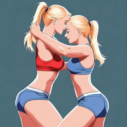 This is a high-resolution digital art image showcasing a dynamic scene of a beautiful blonde woman giving a firm bearhug to a brunette woman