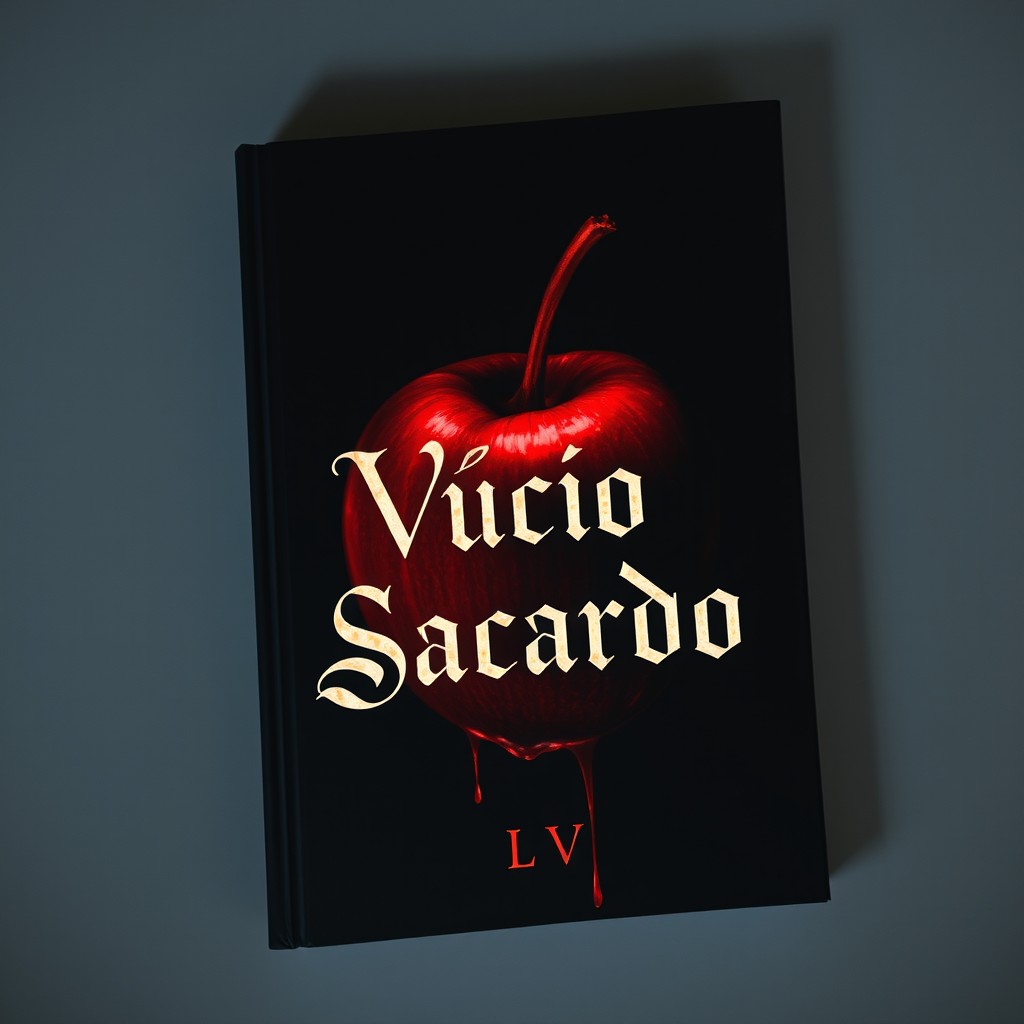 Capa de livro escura com uma maçã bem rubra, mordida, e escorrendo sangue