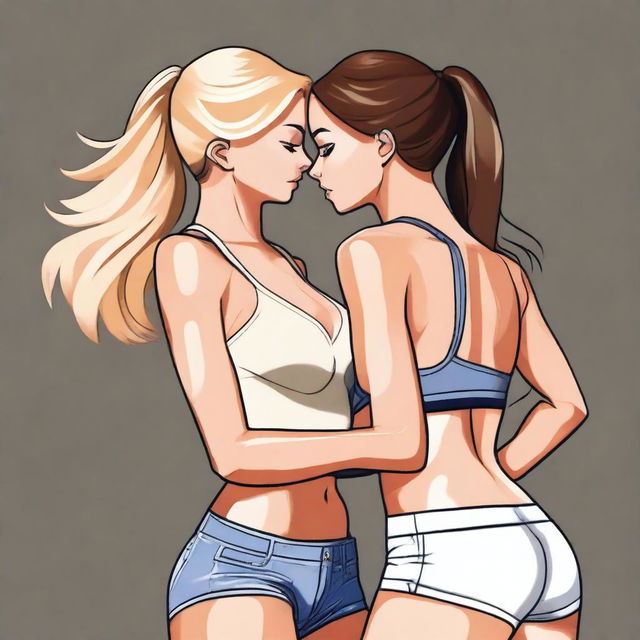 This is a high-resolution digital art image showcasing a dynamic scene of a beautiful blonde woman giving a firm bearhug to a brunette woman