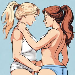 This is a high-resolution digital art image showcasing a dynamic scene of a beautiful blonde woman giving a firm bearhug to a brunette woman