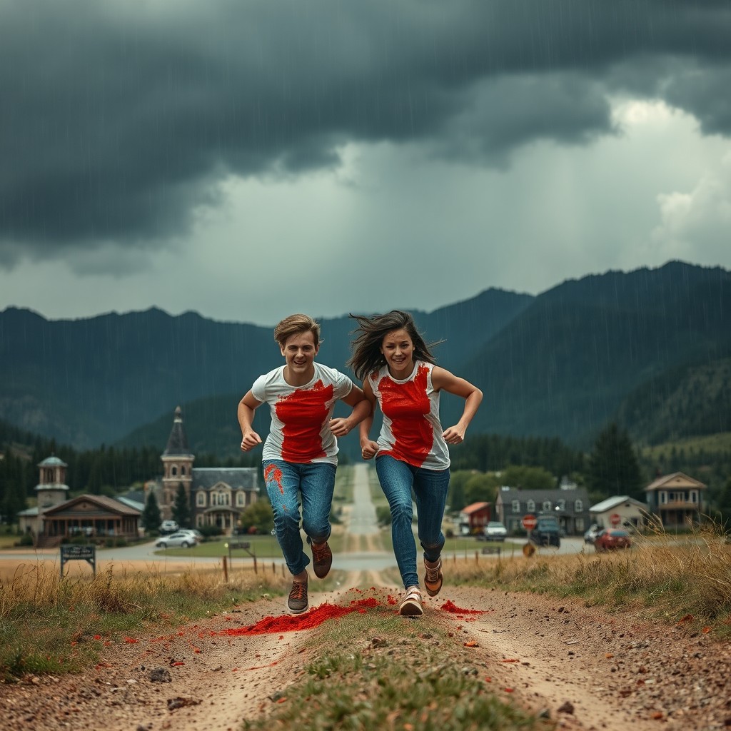 A scared couple running frantically, covered in tomato sauce, with the ground lifting up behind them, set against a backdrop of a small American-style town surrounded by mountains