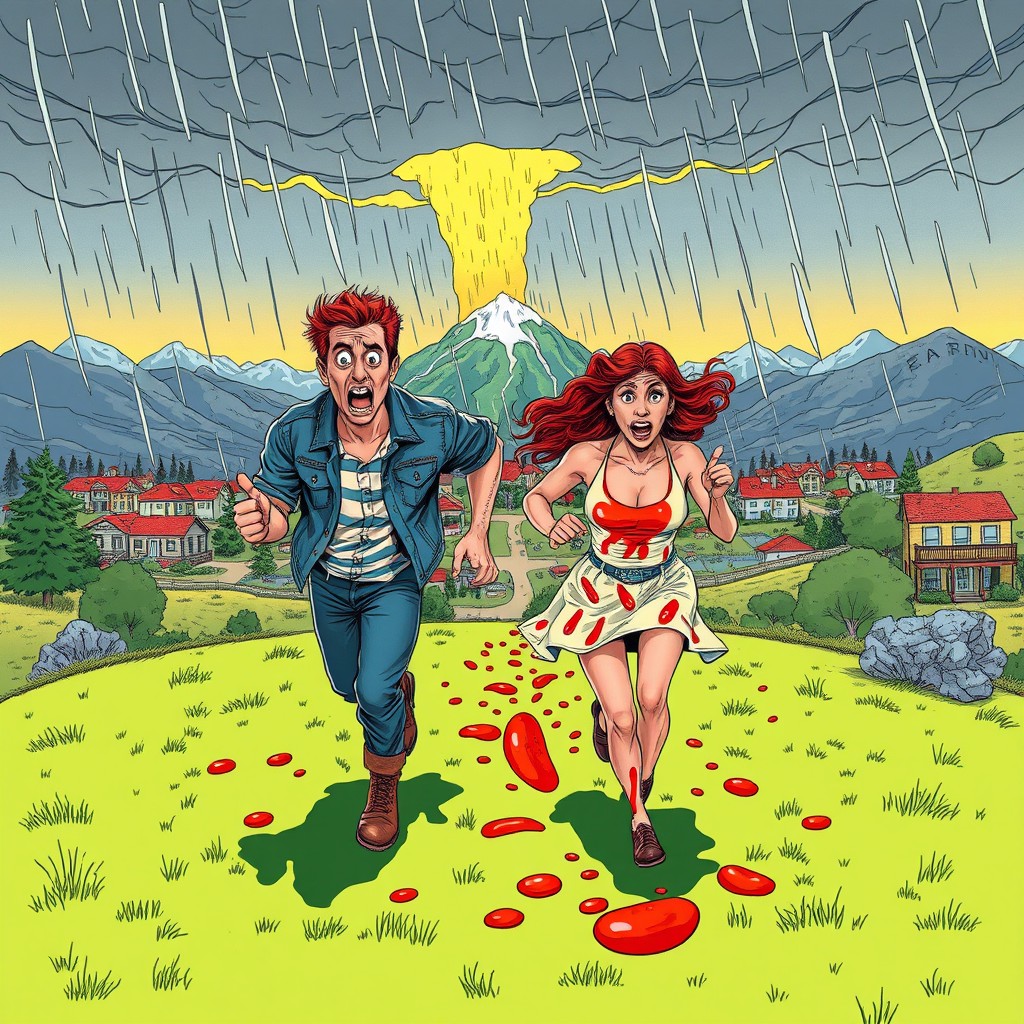 A scared couple running with tomato sauce splattered on them, the ground is lifting up behind them