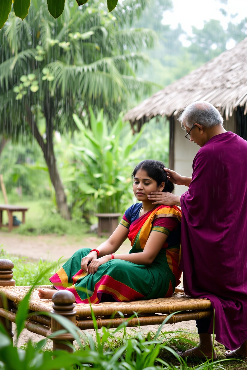 A serene scene in a South Indian village during a gentle rain, where a young woman sits calmly on a traditional village cot