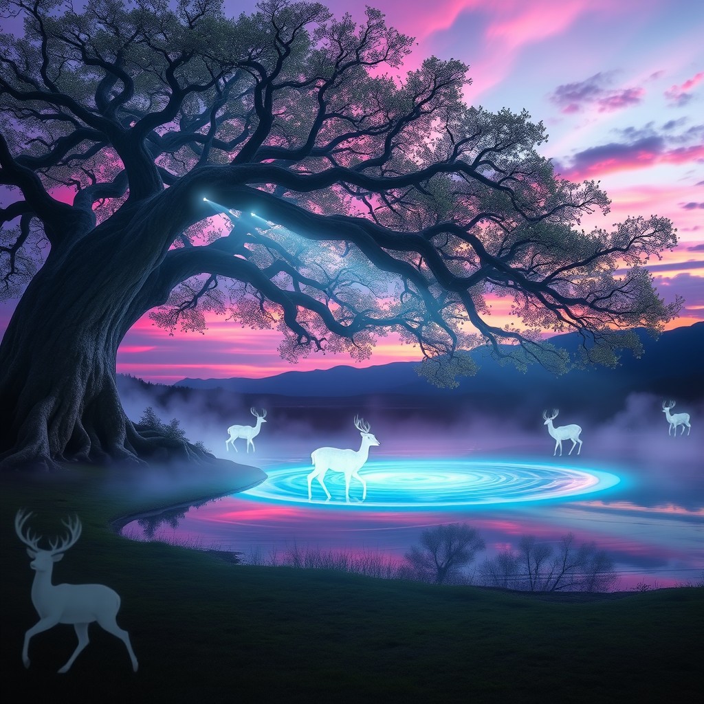 A surreal and mystical landscape at twilight featuring a massive ancient tree with luminous leaves, casting a glowing light over a serene pond