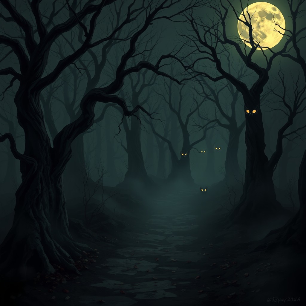 A haunting 2D horror game background featuring a dark, eerie forest shrouded in thick fog