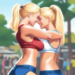 This is a high-resolution digital art image, capturing a lively scene where a beautiful blonde woman is giving a powerful bearhug to a brunette woman