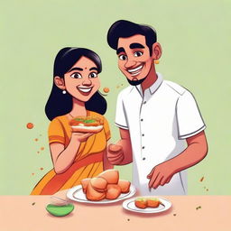 A whimsical cartoon rendering of a young lady and a man cheerfully eating vadapav, a traditional Indian finger food