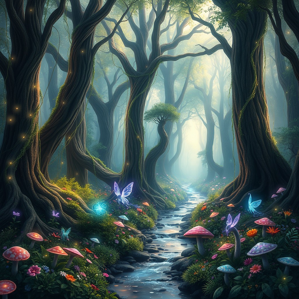 A mystical enchanted forest filled with tall, ancient trees draped in luminescent vines