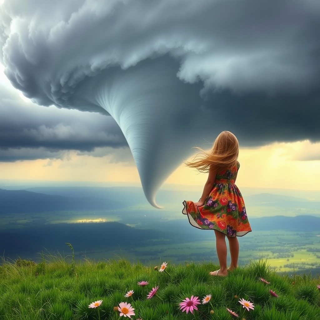 A girl standing on a hilltop, gazing out over a vast, sweeping valley