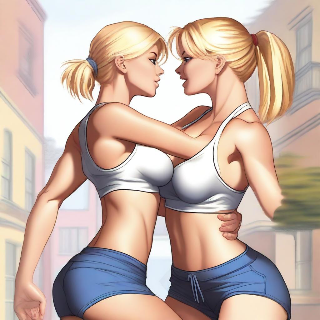 This is a high-resolution digital art image, capturing a lively scene where a beautiful blonde woman is giving a powerful bearhug to a brunette woman