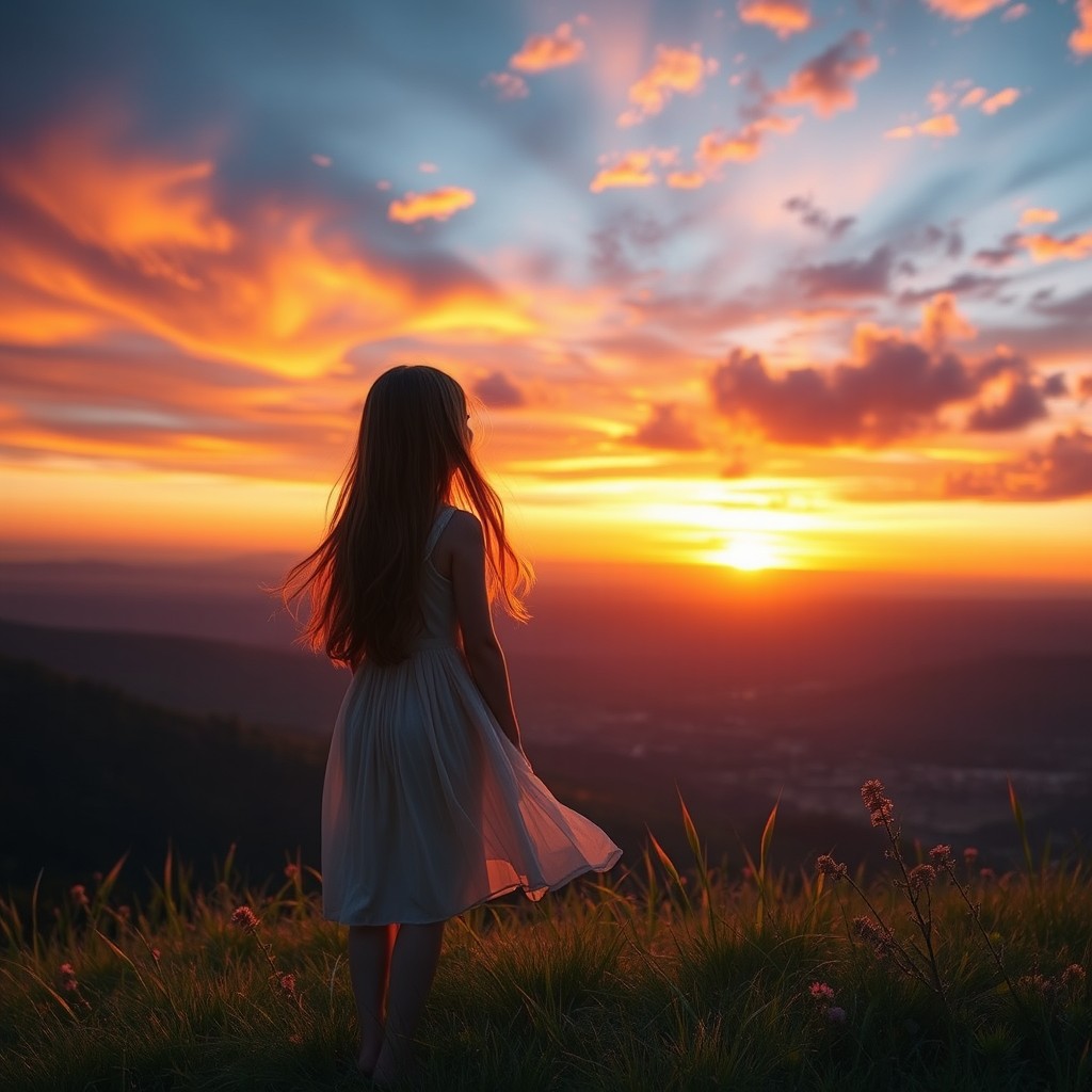 A girl standing on a hill, gazing out over a vast valley bathed in the warm hues of a beautiful sunset