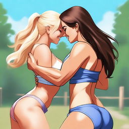 This is a high-resolution digital art image, capturing a lively scene where a beautiful blonde woman is giving a powerful bearhug to a brunette woman