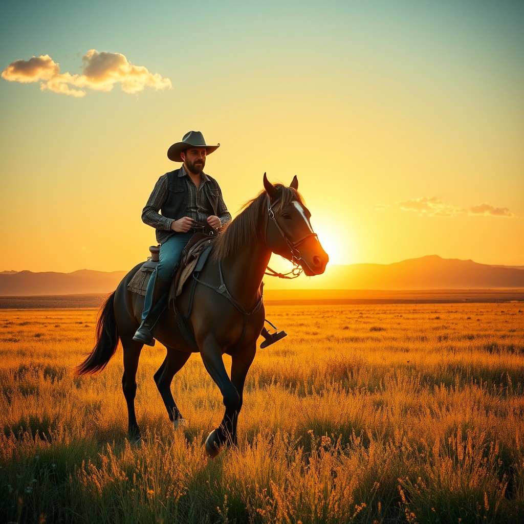 A rugged cowboy riding a powerful stallion across a wide-open prairie, the golden sun setting in the background casting a warm glow over the scene