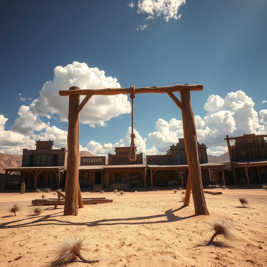 A dramatic and atmospheric scene of a Western gallows set in an old frontier town, with wooden structures and dusty streets
