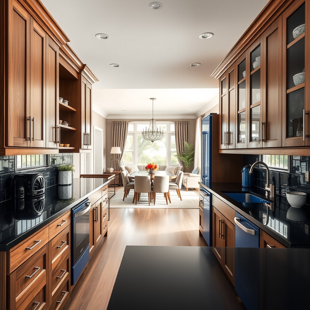A dream kitchen featuring sleek black countertops and classic brown cabinets, smoothly blending contemporary design with traditional elements
