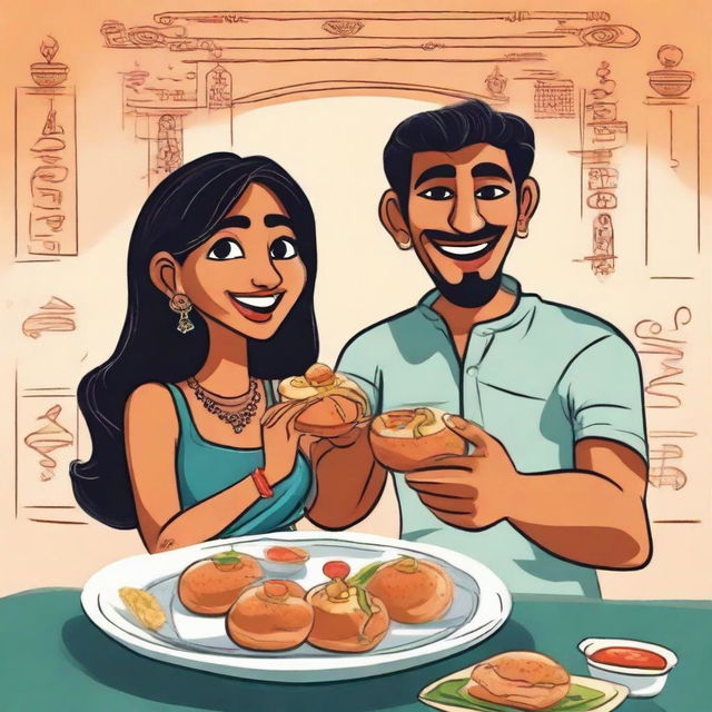 A whimsical cartoon rendering of a young lady and a man cheerfully eating vadapav, a traditional Indian finger food