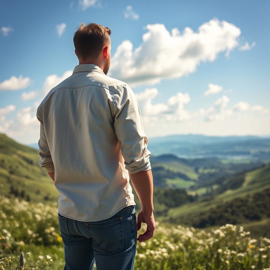 A man standing with his back facing the viewer, gazing at a breathtaking landscape in the background