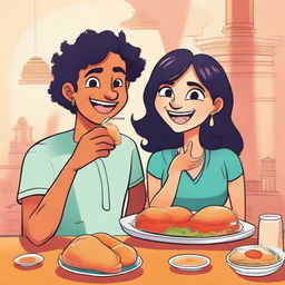 A whimsical cartoon rendering of a young lady and a man cheerfully eating vadapav, a traditional Indian finger food