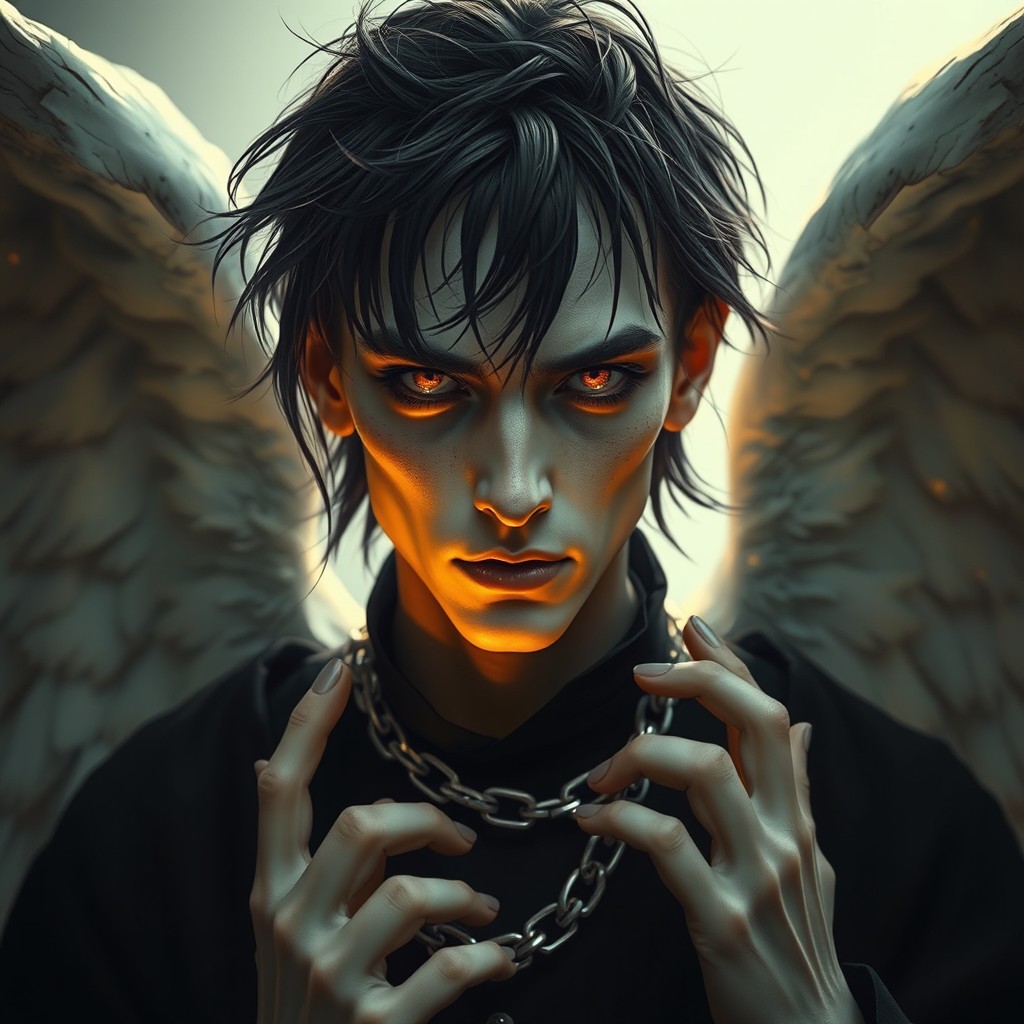 A fallen angel or weathered saint with pale skin glowing softly like candlelight through parchment