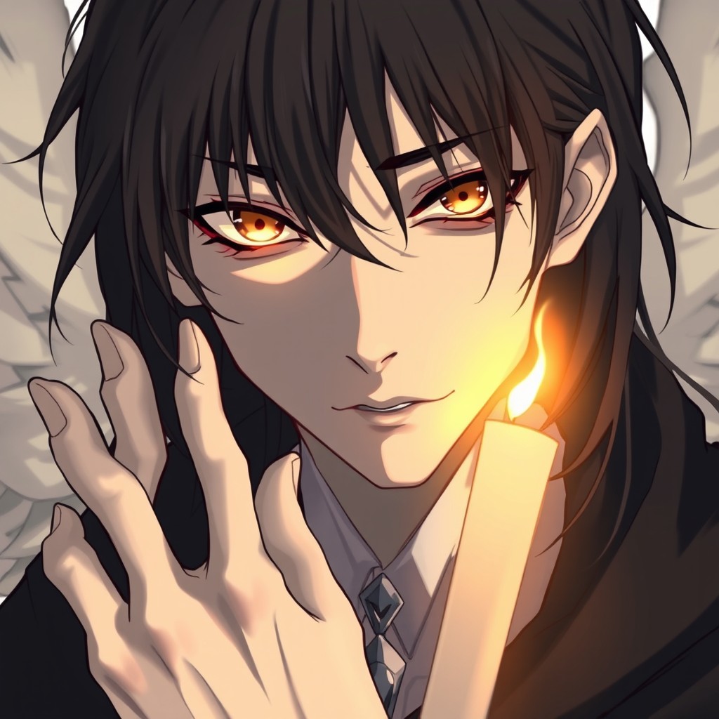 Anime-style depiction of a fallen angel or weathered saint with pale skin glowing like candlelight through parchment