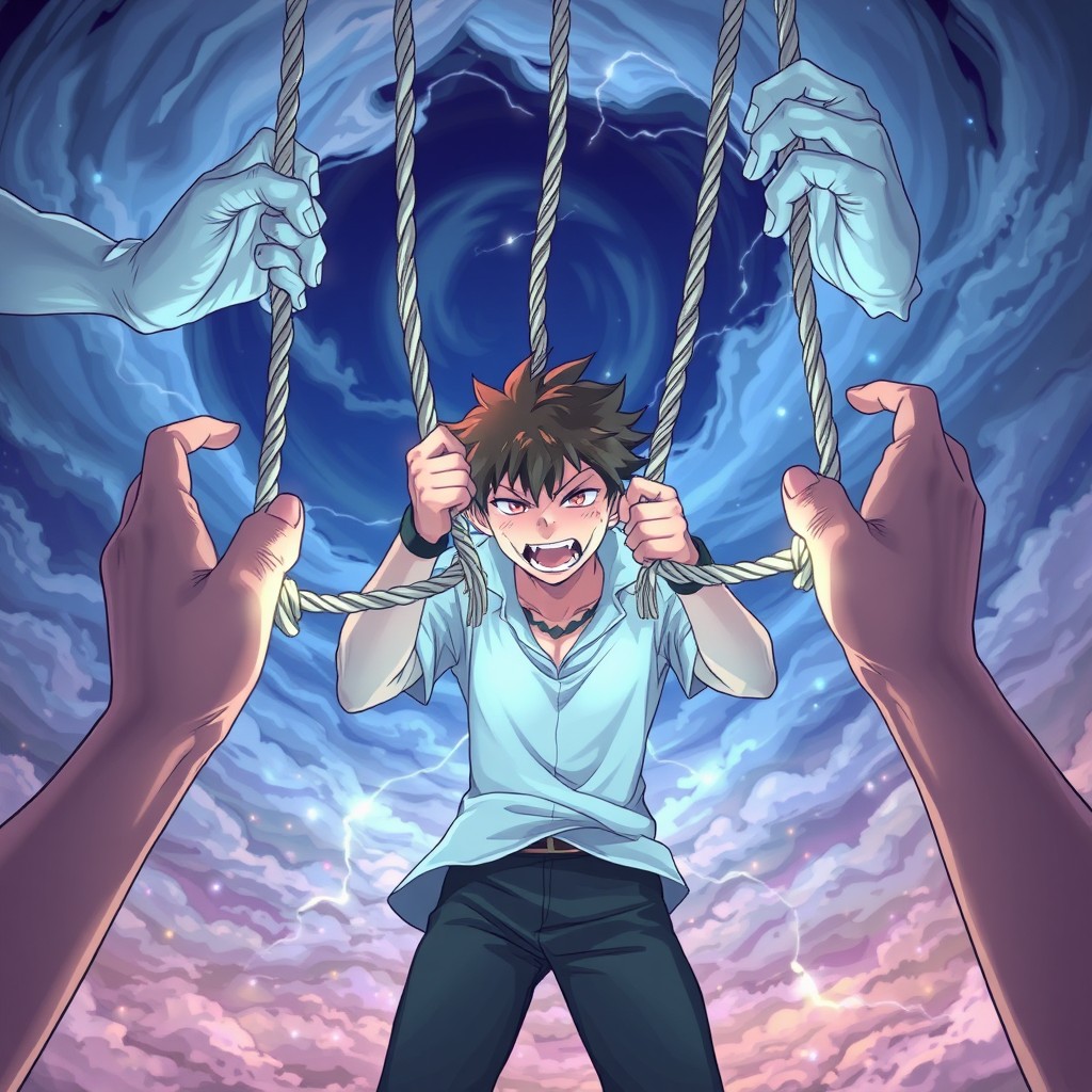 An anime-style illustration featuring three ethereal and supernatural hands reaching out, each elegantly grasping glowing ropes