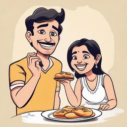 A whimsical cartoon rendering of a young lady and a man cheerfully eating vadapav, a traditional Indian finger food