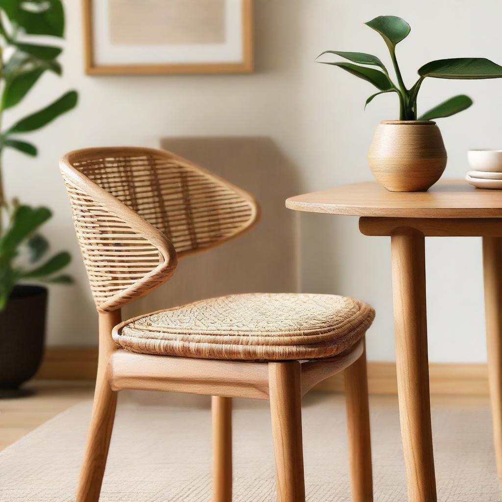 Close-up view of a natural teak wood dining chair inspired by fire, in a quaint cafe setting accompanied by a night stand made of a mix of teak and rattan woven design.