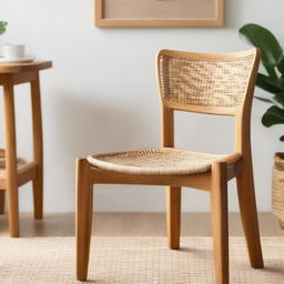 Close-up view of a natural teak wood dining chair inspired by fire, in a quaint cafe setting accompanied by a night stand made of a mix of teak and rattan woven design.