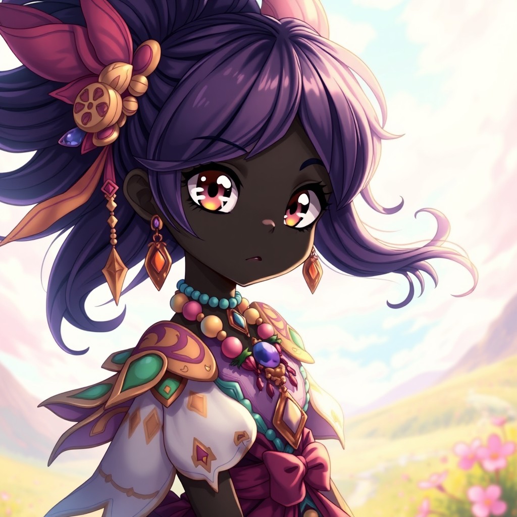 A striking black-skinned anime girl with large, expressive eyes and vibrant, flowing hair