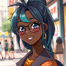 A beautifully illustrated anime girl with black skin, wearing stylish glasses