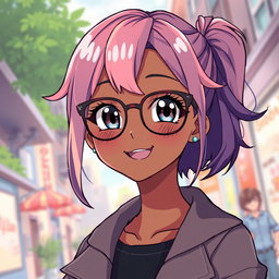A beautifully illustrated anime girl with black skin, wearing stylish glasses