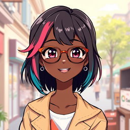 A beautifully illustrated anime girl with black skin, wearing stylish glasses