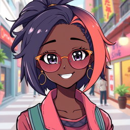 A beautifully illustrated anime girl with black skin, wearing stylish glasses